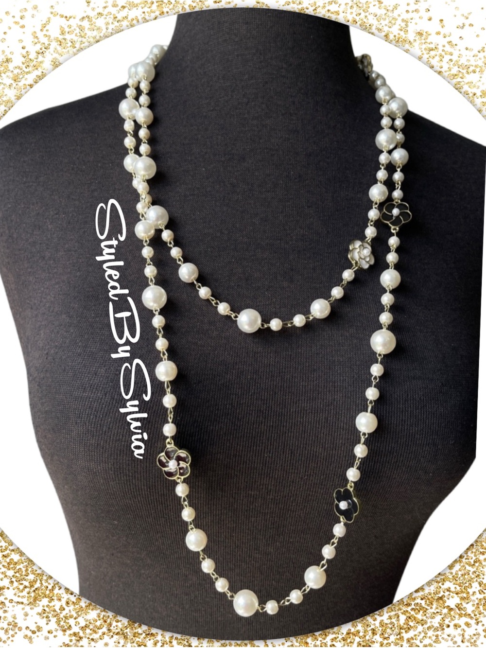 Pearl & Gold EXTRA LONG 30 Inch Necklace with CAMELLIA Flower Detail